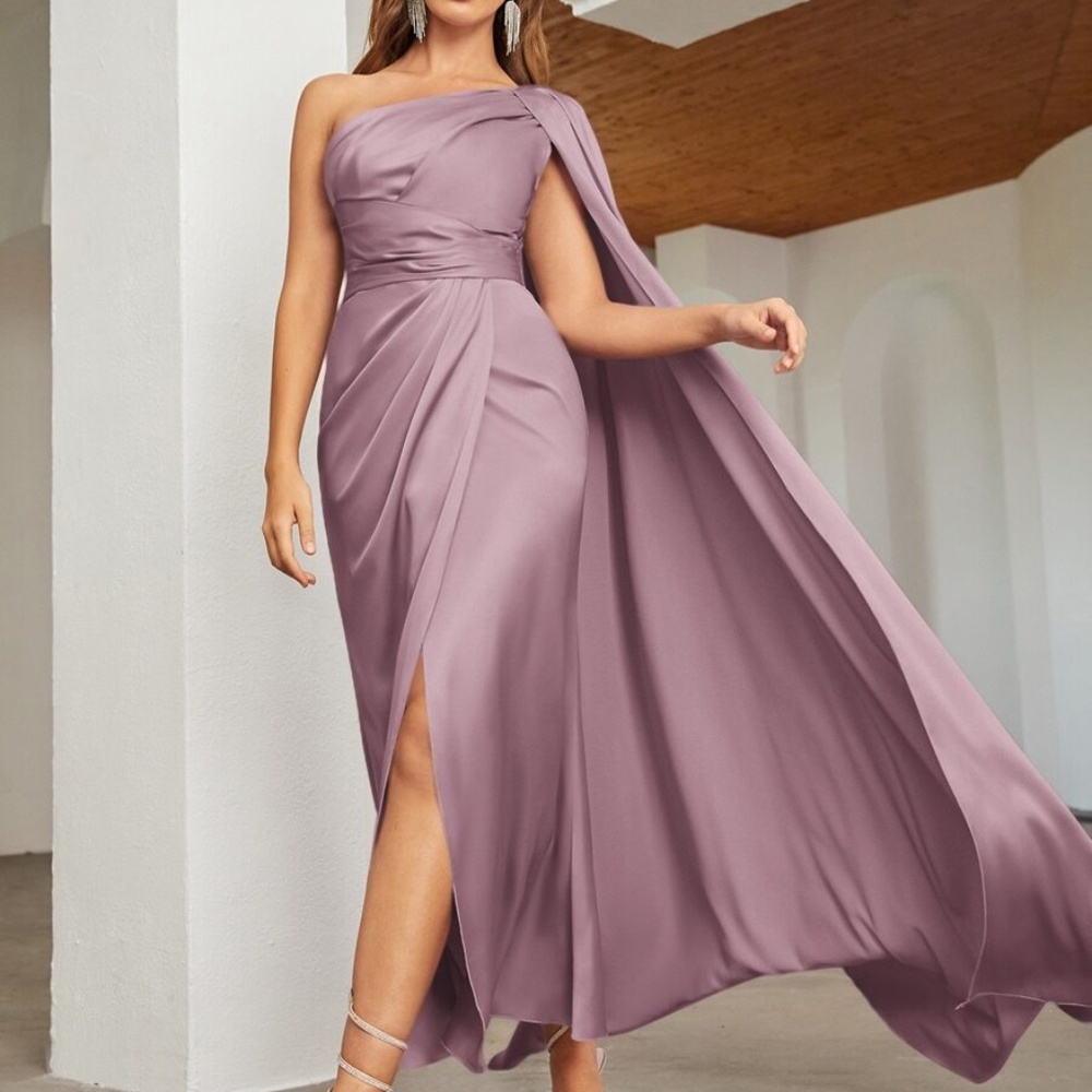 Luxe Dusty Blue One shoulder party formal evening Prom Satin Wedding dress - Picture 11 of 14